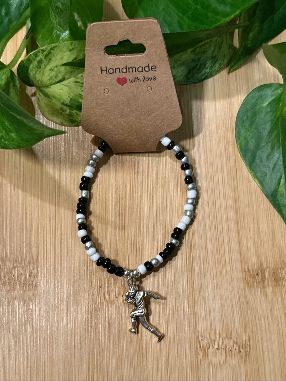 🏈✨ Football Stretchy‎ Beaded Bracelet | Handmade | Silver Football Dangle Charm